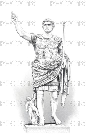 Augustus (born 23 September 63 BC as Gaius Octavius in Rome, died 19 August 14 AD in Nola near Naples) was the first Roman emperor, digitally enhanced reproduction from a 19th century original, historical, exact date unknown