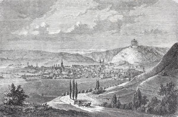 Liberation Hall and town of Kelheim around 1870, Lower Bavaria, Bavaria, Germany, Historical, digitally enhanced reproduction of a 19th century original