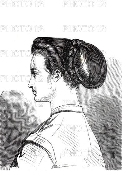 Women's heads, hairstyles and headgear around 1860, bourgeois chignon, a hairstyle characterised by hair pinned up at the back of the head, historical, digitally enhanced reproduction of a 19th century model