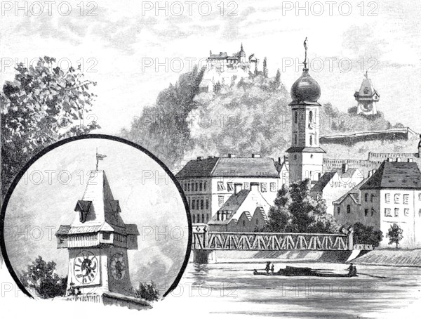 View of Graz in 1870, Austria, Historical, digitally enhanced reproduction of a 19th century original
