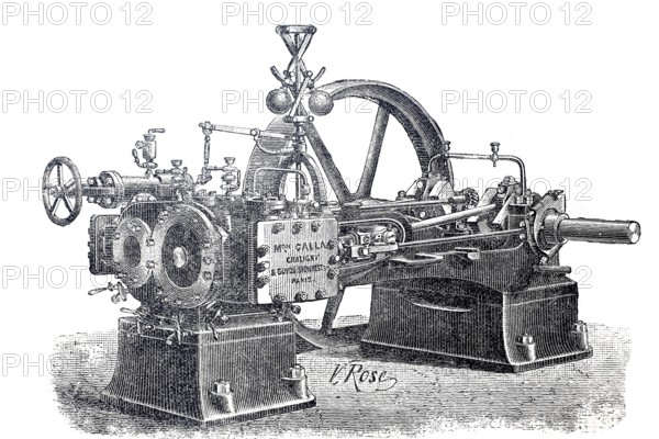 Steam engine, compound engine by Chaligny and Gupot-Sionnest without condenser, around 1870, historical, digitally improved reproduction of a 19th century model