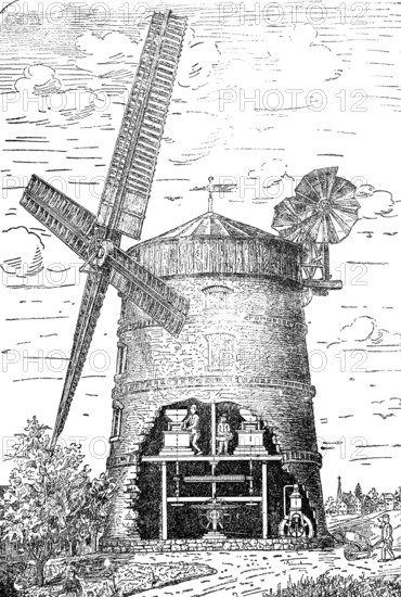 Petroleum engine as an auxiliary machine for windmills, designed by J.M. Grob & Co. from Leipzig, around 1886, historical, digitally improved reproduction of a 19th century model
