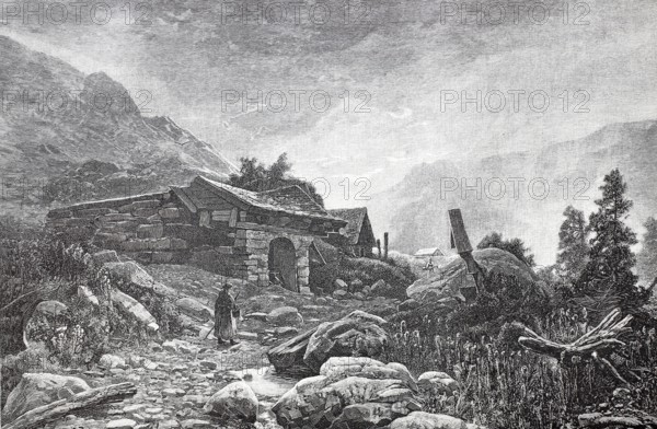 After the thunderstorm in the mountains, farmer standing in front of a farmhouse, around 1870, Austria, Historical, digitally enhanced reproduction of a 19th century original, A historical engraving of a rural hut in a mountainous, wooded landscape