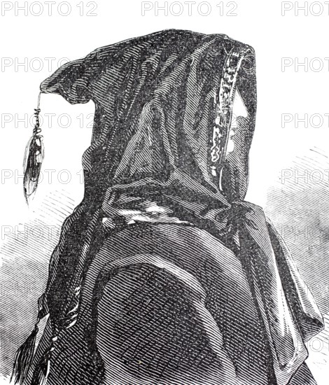 Women's heads, hairstyles and headgear around 1860, Baschlik, a hood-like bonnet with two long tails that can be wrapped around the neck like a scarf, Historical, digitally enhanced reproduction of a 19th century model