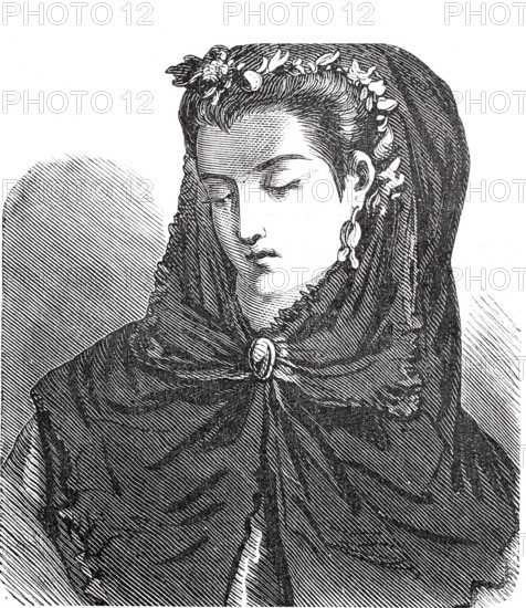 Women's heads, hairstyles and headgear around 1860, hat with Spanish mantilla, lace veil worn around head and shoulders, Spain, Historical, digitally enhanced reproduction of a 19th century model