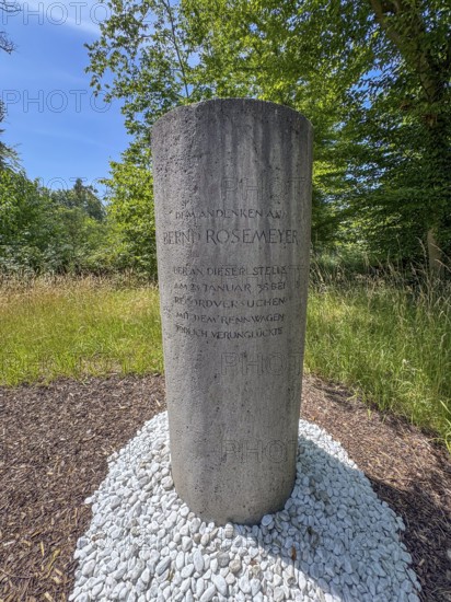 Free-standing stone column Monument with inscription in memory of Bernd Rosemeyer, who died in an accident on this spot on 28 January 1938 while attempting to set a record in a racing car, Mörfelden-Walldorf, Hesse, Germany