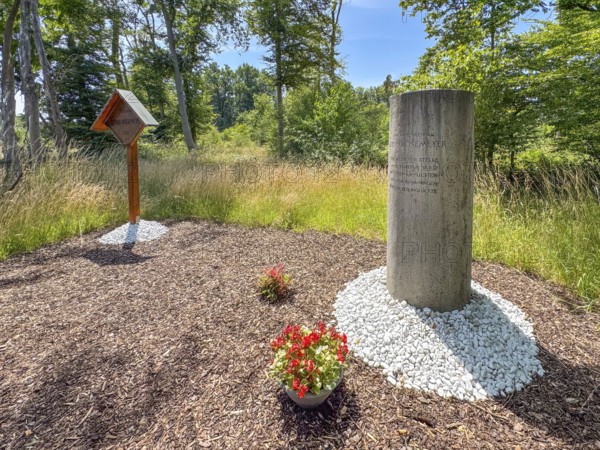 Free-standing stone column on the right Monument with inscription in memory of Bernd Rosemeyer, racing driver killed in an accident at this spot in 1938, wooden memorial plaque in the background on the left Wooden memorial with inscription Memorial to Bernd Rosemeyer 1938, Mörfelden-Walldorf, Hesse, Germany