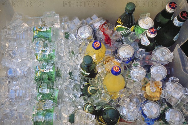 Drinks box filled with ice cube cubes in a bar, New York, City, USA