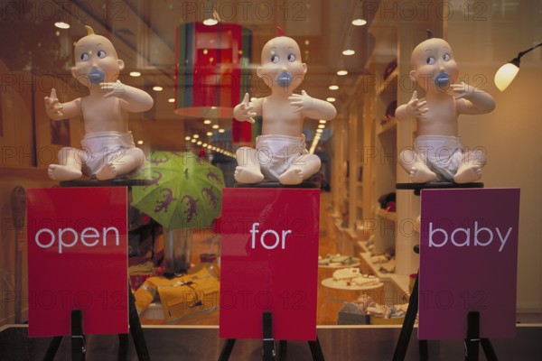 Baby mannequins in a baby equipment shop, New York City, USA