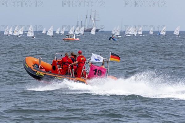 Sailing ship, sailing boats, DLRG boat, Kiel Week, Kiel Fjord, Kiel, Schleswig-Holstein, Germany