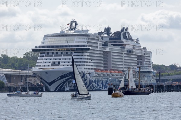 Cruise ship MSC Euribia, sailing boats, Kiel, Schleswig-Holstein, Germany