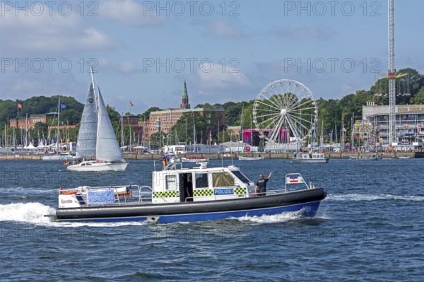 Sailing boat, police boat, Ferris wheel, Kieler Woche, Kiel, Schleswig-Holstein, Germany