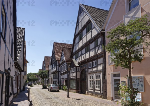 BÃ¤ckerstraÃŸe in the historic old town centre of Rinteln. Lower Saxony, Germany