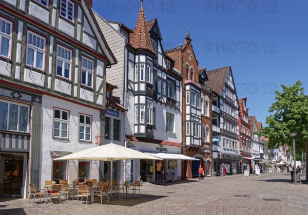 Half-timbered houses on Weserstrasse in the historic old town of Rinteln. Lower Saxony, Germany