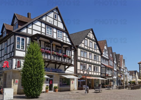 Half-timbered houses on the market square in the historic old town of Rinteln. Lower Saxony, Germany