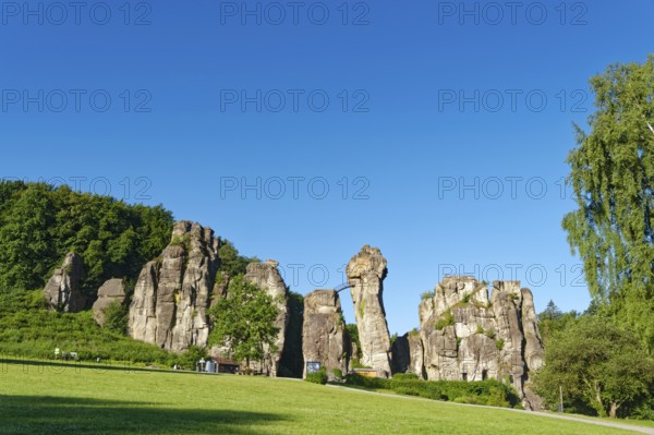 The Externsteine, a sandstone rock formation around 40 metres high in the Teutoburg Forest, are a natural landmark and a protected natural and cultural monument. They are regarded as a place of power and are considered to have special cultural and historical significance. The rocks are considered a place of power. Horn-Meinberg, North Rhine-Westphalia, Germany