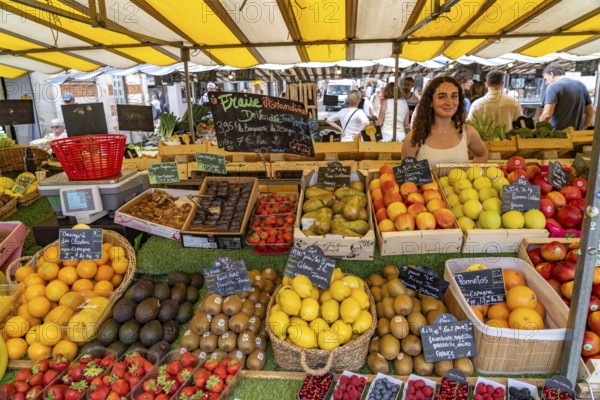 Vendor at her stall selling fruit at the market in La Rochelle, France