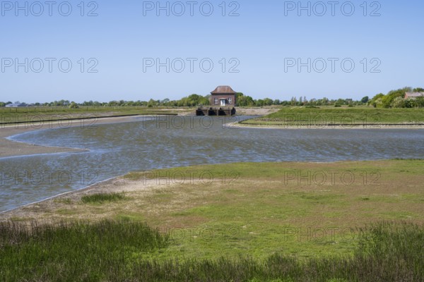 Barrage at the Siel, Tammensiel, Pellworm Island, North Frisia, North Sea, Schleswig-Holstein, Germany