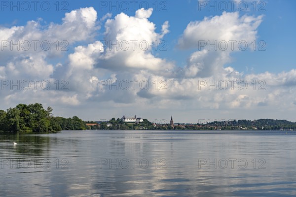 The Great Plön Lake, Nikolai Church and Plön Castle in Plön, Schleswig-Holstein, Germany