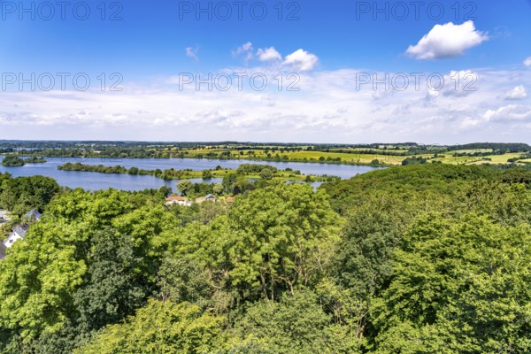 View from the Parnass Tower of Lake Trammer See near Plön, Schleswig-Holstein, Germany