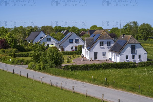 Detached houses with photovoltaics on the roof, landscape on the dyke, Tammensiel, Pellworm Island, North Sea, North Frisia, Schleswig-Holstein, Germany