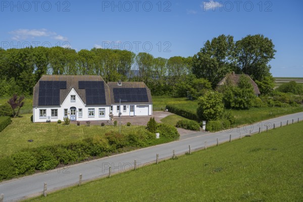 Typical Frisian house, photovoltaics on the roof, landscape on the dyke, Tammensiel, Pellworm Island, North Sea, North Frisia, Schleswig-Holstein, Germany