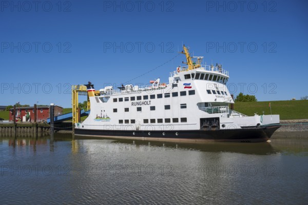 Ferry in the harbour, Tammensiel, Pellworm Island, North Frisia, North Sea, Schleswig-Holstein, Germany