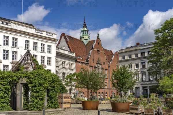Flower boxes on Geibelplatz and the Ernestinenschule in the Hanseatic city of LÃ¼beck, Schleswig-Holstein, Germany