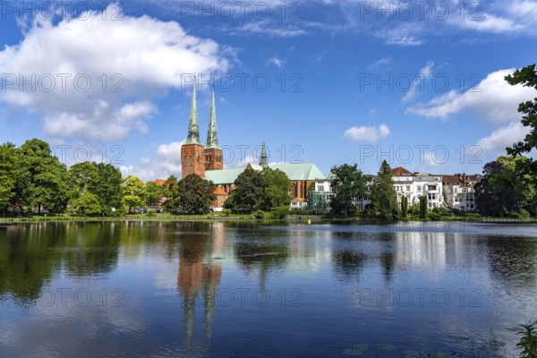 Mill pond and LÃ¼beck Cathedral, Hanseatic City of LÃ¼beck, Schleswig-Holstein, Germany