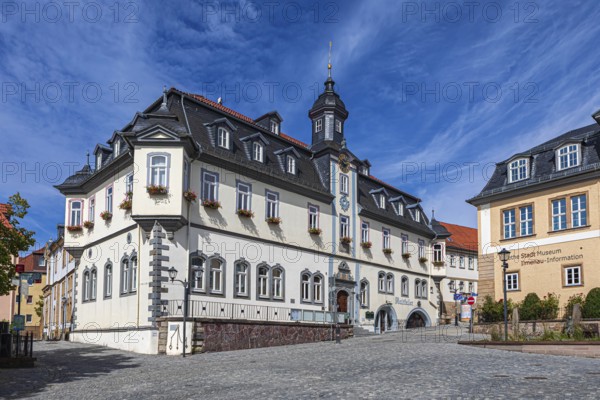 At the market with town hall and Göthe City Museum in Ilmenau, Thuringia, Germany