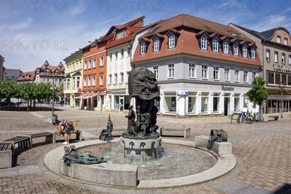 Boot fountain by sculptor Vinzenz Wanitschke at Döbeln's Niedermarkt, Old Town, Döbeln, Saxony, Germany