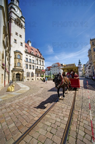 Döbeln tram, historic horse-drawn tram at the Döbeln upper market, rail transport, local public transport, tradition, traditional association, museum, museum railway, old town of Döbeln, Saxony, Germany