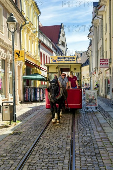 Döbeln tram, historic horse-drawn tram in Döbeln's old town, rail transport, public transport, tradition, traditional association, museum, museum railway, Döbeln, Saxony, Germany