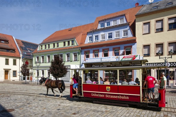 Döbeln tram, historic horse-drawn tram at Döbelner Untermarkt, rail transport, local public transport, tradition, traditional association, museum, museum railway, old town, Döbeln, Saxony, Germany