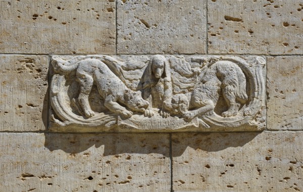 Dispute over the new town hall, relief on the Döbeln town hall, Obermarkt, Döbeln historic centre, Saxony, Germany