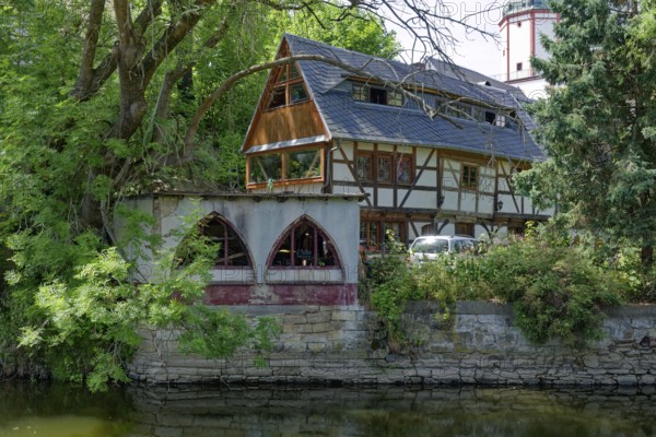 Historic dyers' houses on the Mulde river, renovated half-timbered buildings, Döbeln old town, Döbeln, Saxony, Germany