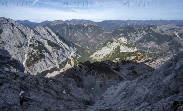 Mountain panorama from the summit of the Gamsjoch, view of Laliderer Tal and RiÃŸtal with summit Laliderer Falk, RiÃŸtal in the Eng, Karwendel, Tyrol, Austria