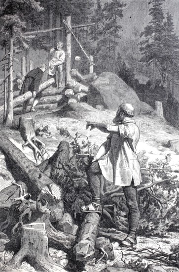 Construction of a log cabin in the forest, woodcutter, tree trunks, 18th century, Falkenstein, Bishop Klausner, Historical, digitally enhanced reproduction of a 19th century model