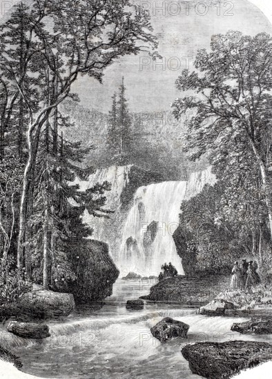 The waterfall of Geroldsau in 1870, Northern Black Forest, District of Baden-Baden, Baden-WÃ¼rttemberg, Germany, Historical, digitally enhanced reproduction of a 19th century original