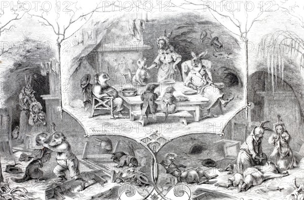 Die Kaffeevisite bei KÃ¼nigls, Kaninchen, after an animal fable by Dr JÃ¤ger, 1870, Historical, digitally enhanced reproduction of a 19th century original