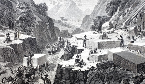 The marble quarries near Carrara, Quarry, around 1870, Italy, Historical, digitally enhanced reproduction of a 19th century model