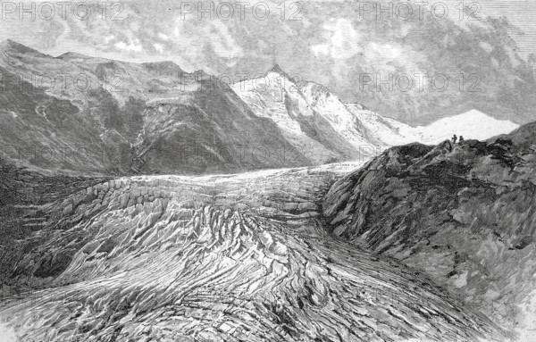 Pasterze, the largest glacier in Austria and the longest in the Eastern Alps, at the foot of the GroÃŸglockner in the uppermost valley floor of the MÃ¶lltal, Pasterzenboden, 1869, Austria, Historical, digitally enhanced reproduction of a 19th century original