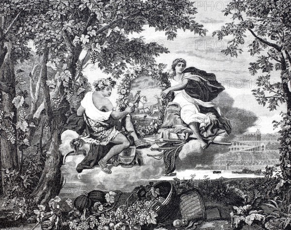 An allegory of autumn on a 17th century tapestry wallpaper from a Parisian manufacturer, historical, digitally enhanced reproduction of a 19th century original