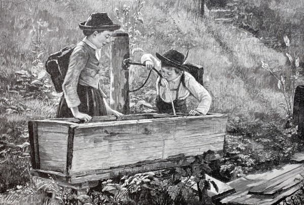 Schoolchildren drinking water at a fountain on a path, 1890, Germany, Historical, digitally enhanced reproduction of a 19th century original