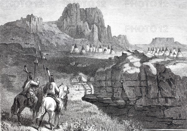 An Indian camp with tents, tepees, in West Dakota in 1860, America, Historical, digitally enhanced reproduction of a 19th century original