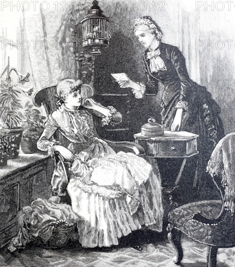 The discovered love letter, mother has found a hidden letter at her daughter's house and wants information, domestic scene from 1888, Germany, Historical, digitally enhanced reproduction of a 19th century original