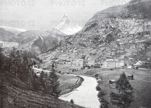View of the Matterhorn from Zermatt, 1870, Switzerland, Historical, digitally enhanced reproduction of a 19th century original
