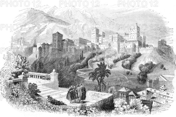 The Alhambra in Grenada in Spain, Historical, Reproduction from a model with a scene from the 19th century