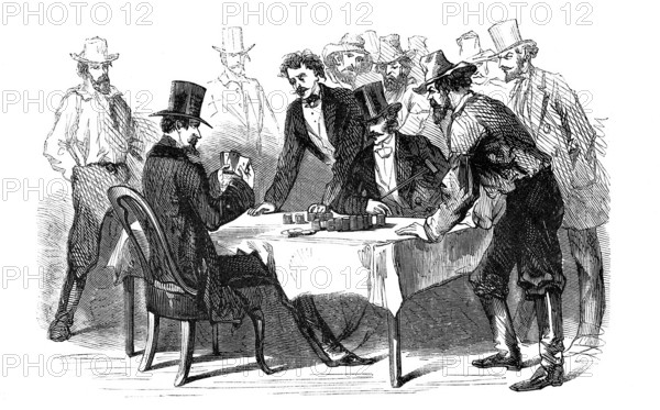 Men gambling, Card game, Poker, America, Historical, Reproduction of an original with a scene from the 19th century