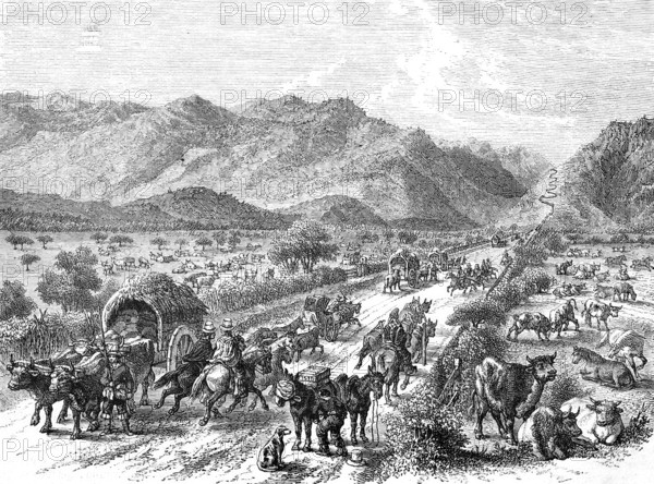 Country road with carriages from Valpardiso to St. Jago, Santiago, Chile, Historical, Reproduction from an original with a scene from the 19th century